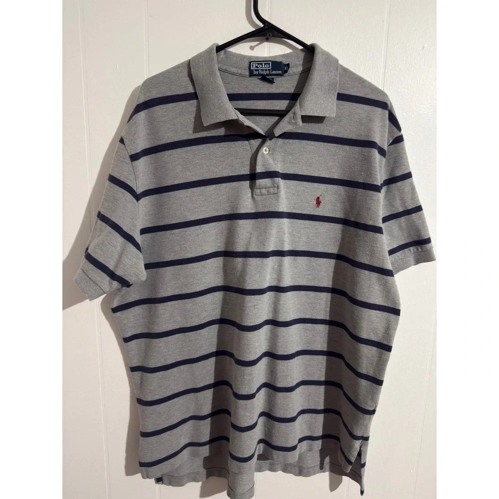 Polo Ralph Lauren Mens XL Grey Navy Blue Striped Short Sleeve Polo‎ Shirt